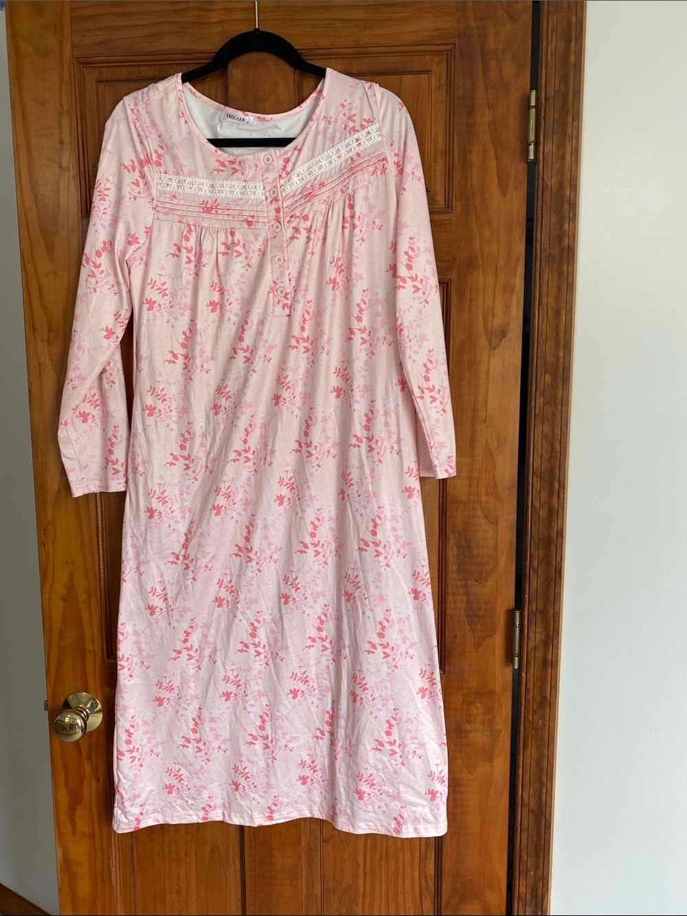 Women's Pink Floral Long-Sleeve Nightgown with Lace Yoke